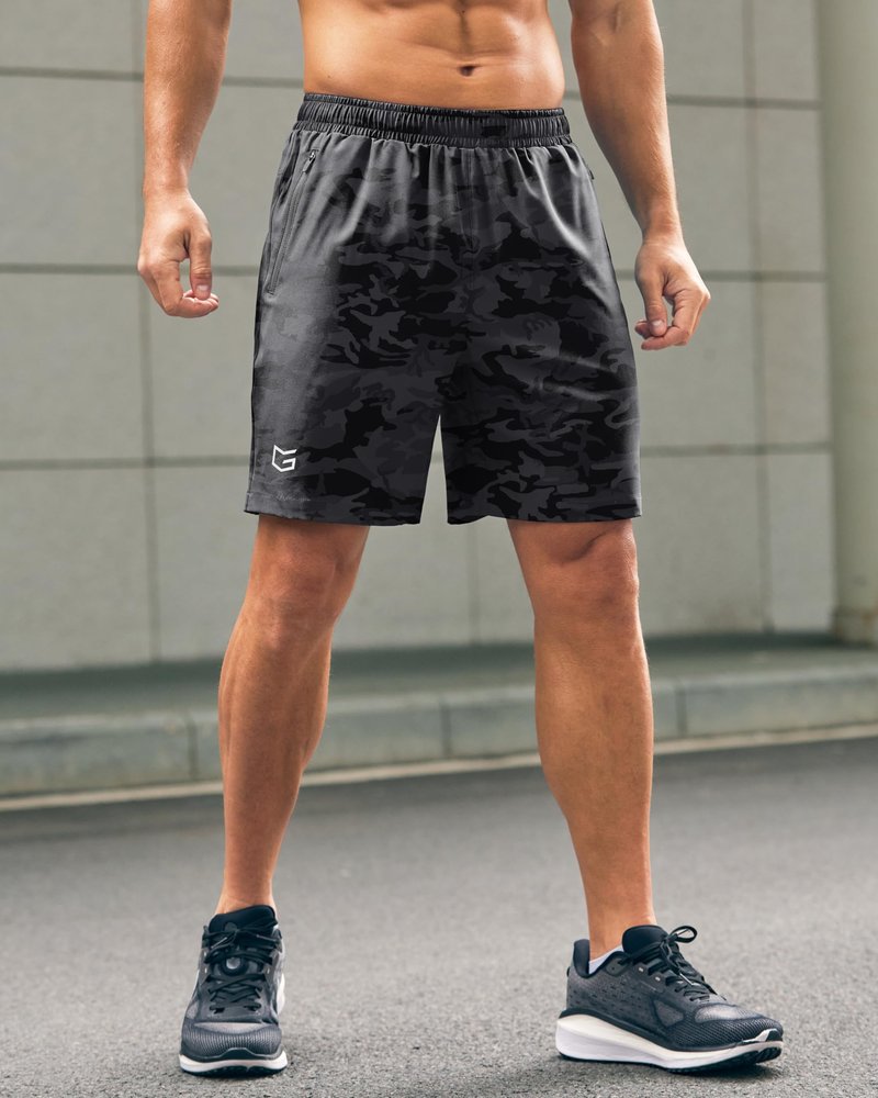 G Gradual Men's Athletic Running Shorts with Zipper Pockets Quick Dry 7"/ 5"/ 9" Workout Gym Shorts for Basketball Hiking(Grey Camo,7S)