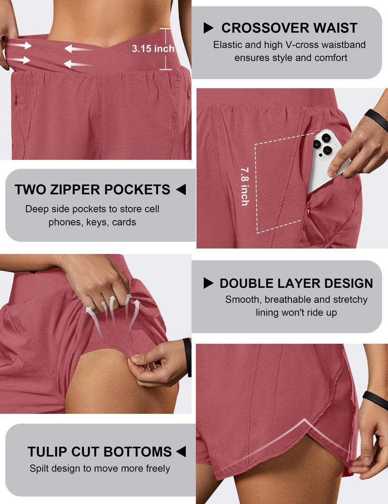 Blooming Jelly Women's Workout Shorts Athletic Running Crossover High Waisted Gym Sport Yoga Shorts with Zipper Pockets (Dusty Pink,Small)