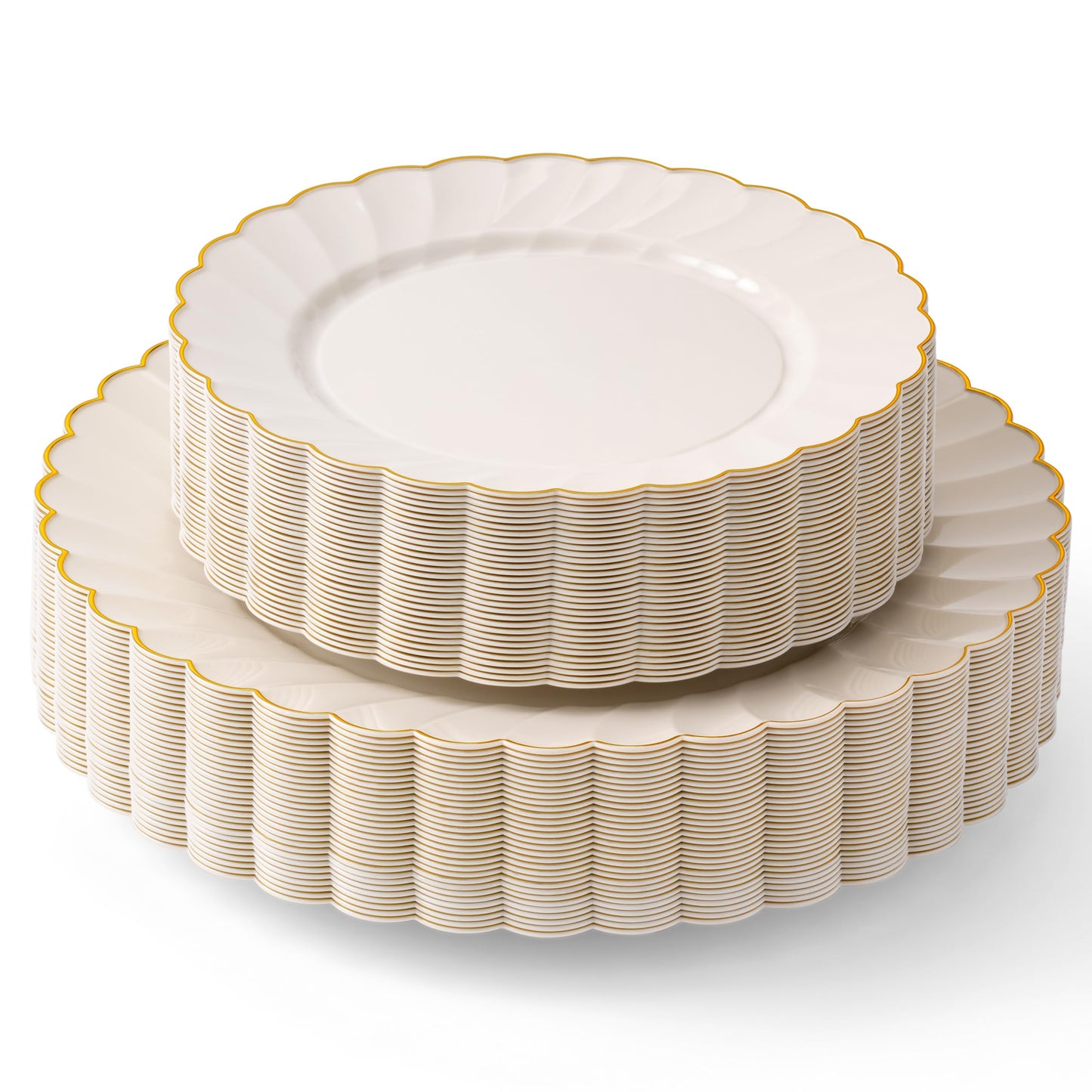 By Madee PREMIUM 60 Pc Ivory Scalloped Plastic Plates with Gold Trim – 30 Dinner & 30 Dessert Nice Plastic Plates for Party – Disposable & Elegant for Wedding, Showers, Special Moments (30 Guests)