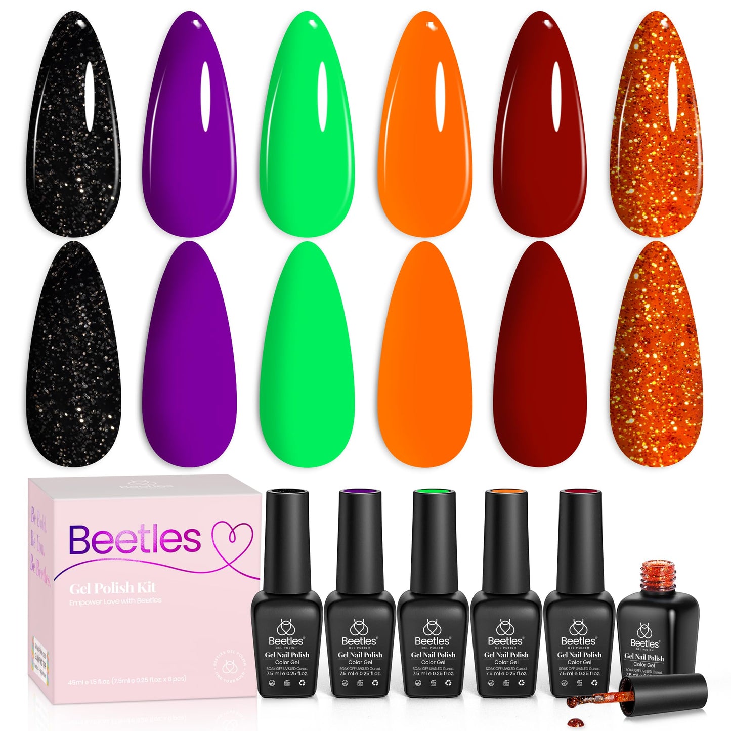 Beetles Halloween Gel Nail Polish Set - Hocus Pocus 6 Colors Gel Polish Kit, Orange Green Purple Black Red Glitter Fall Colors, Soak Off Nail Lamp UV LED Cured Nail Art Design Manicure Gift for Women