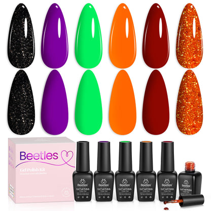 Beetles Halloween Gel Nail Polish Set - Hocus Pocus 6 Colors Gel Polish Kit, Orange Green Purple Black Red Glitter Fall Colors, Soak Off Nail Lamp UV LED Cured Nail Art Design Manicure Gift for Women