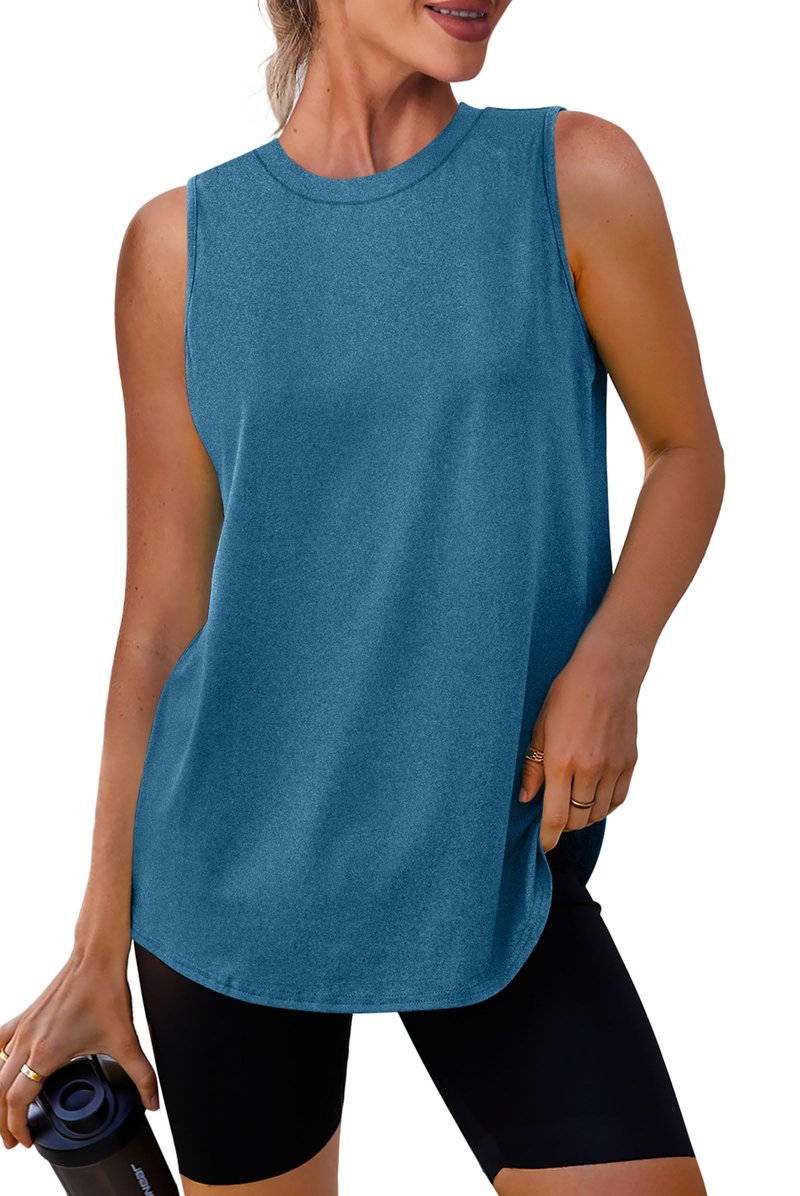 Womens Summer Tops Yoga Sleeveless Workout Tops High Neck Plus Size Athletic Running Shirts Deep Blue L