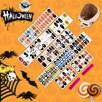 SOGAYU 12 Sheets Halloween Full Nail Wraps Art Stickers, Nail Polish Strips Nail Decals DIY Self-Adhesive Pumpkin Bat Ghost Spider Vampire Pattern with 2 Piece Nail Files for Party Decor (168 Pieces)