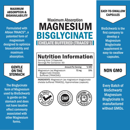 Magnesium Glycinate 400mg - Chelated Bisglycinate for Muscle Recovery & Support - Maximum Absorption & Bioavailability - Magnesium Supplements for Women & Men - Non-GMO - 180ct 2 Month Supply