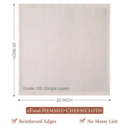 eFond Cheese Cloths | 10-Pack, 20x20Inch Squares with Hemmed Edges | Grade 100 Ultra Fine Reusable Cheesecloth for Straining | Unbleached Cotton Muslin Cloths | for Nut Milk, Butter, Baking & Cooking