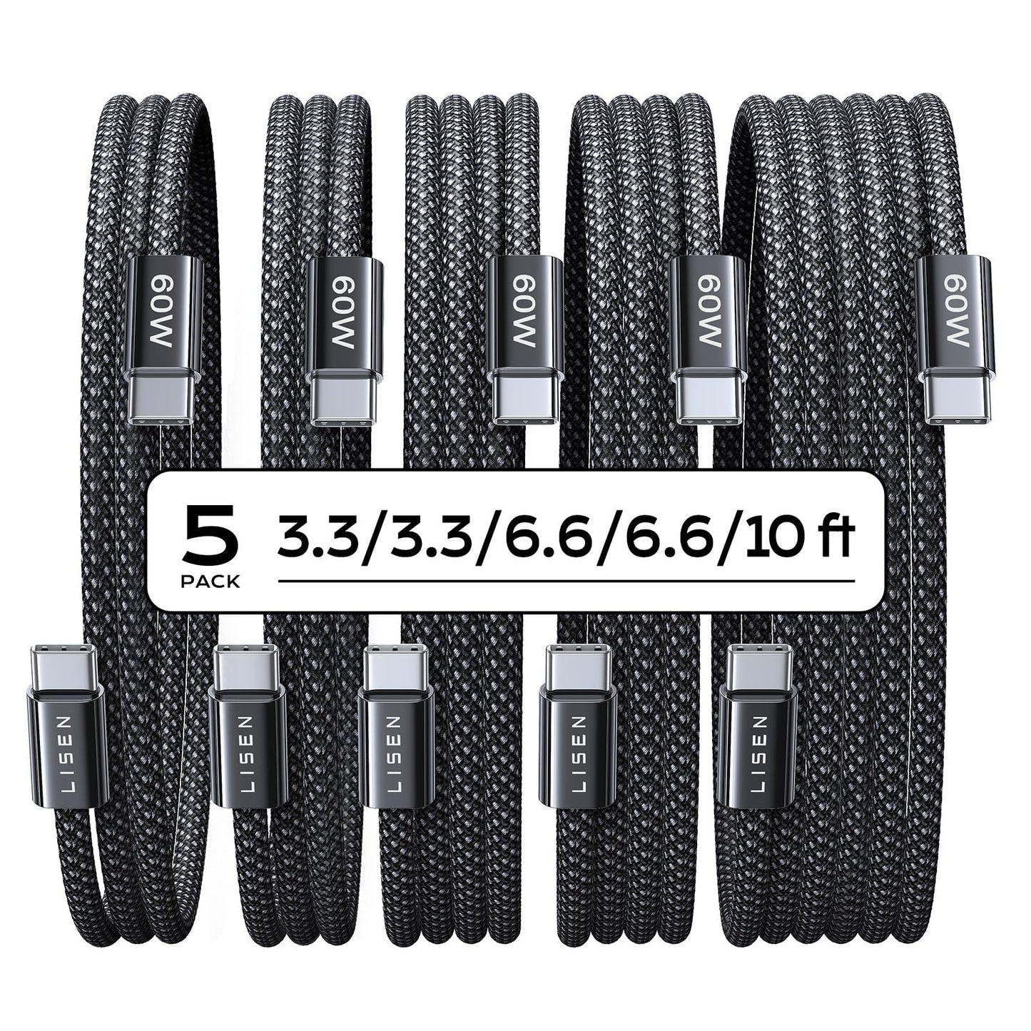 LISEN USB C Cable, 5-Pack [3.3/3.3/6.6/6.6/10FT] for iPhone 17 Charger Cord, 60W USB C to USB C Cable Fast Charging for iPhone Air 17 16 15 Pro Max, Samsung Z Flip 7/S25/S24, Switch 2, iPad, MacBook