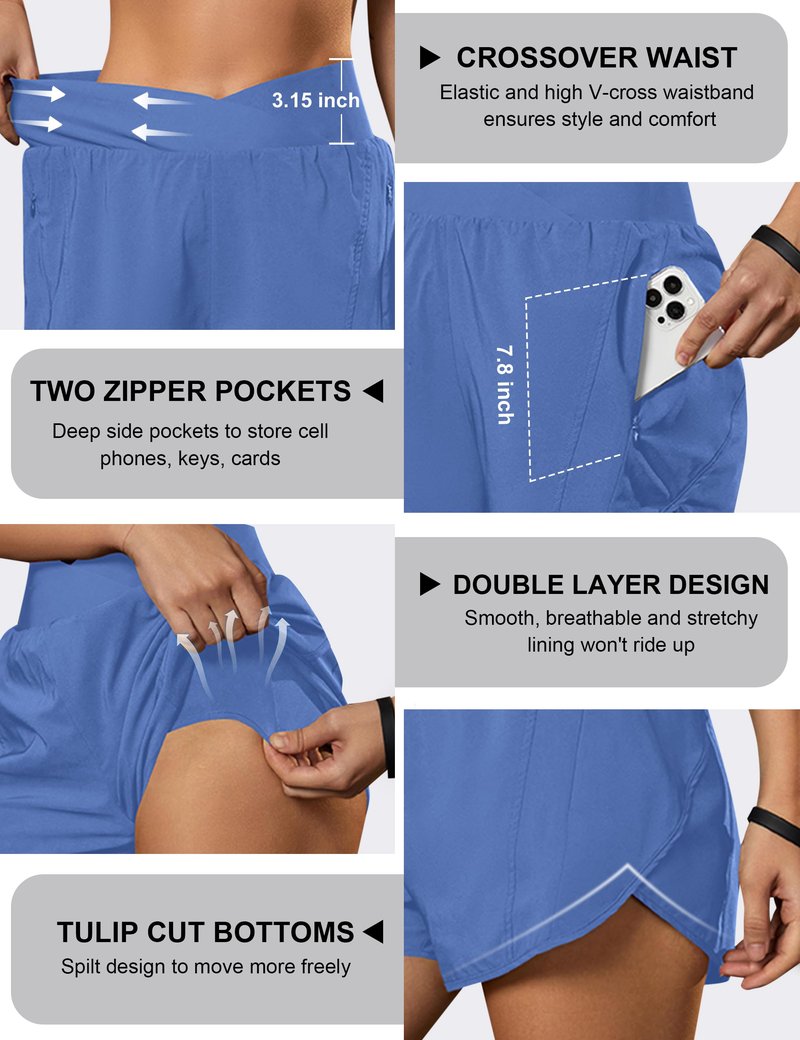 Blooming Jelly Women's Workout Shorts Athletic Running Elastic High Waisted Black Gym Yoga Shorts with Zipper Pockets (Blue,Medium)