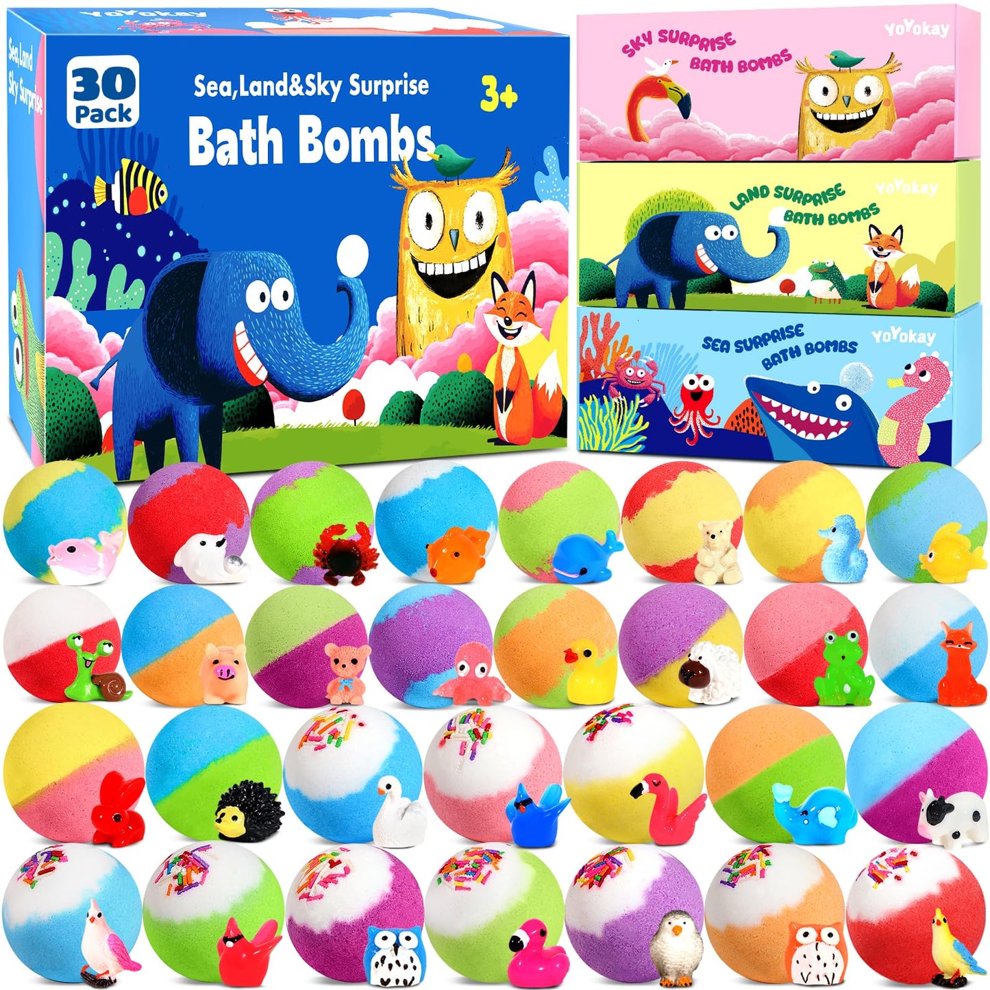 30 Bath Bombs for Kids with Toys Inside, Kids Bath Bombs Gift Set with 30 Sea & Land & Sky Animal Surprise Toy, Natural Organic Bubble Bath Toys, Christmas Gifts for Girls Boys, Stocking Stuffers