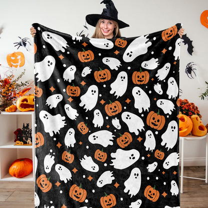 JarThenaAMCS Halloween Fuzzy Flannel Blanket 60 x 50 Inch Ghost Pumpkin Throw Blanket Black Soft Blanket for Farmhouse Home Chair Sofa Couch Bed