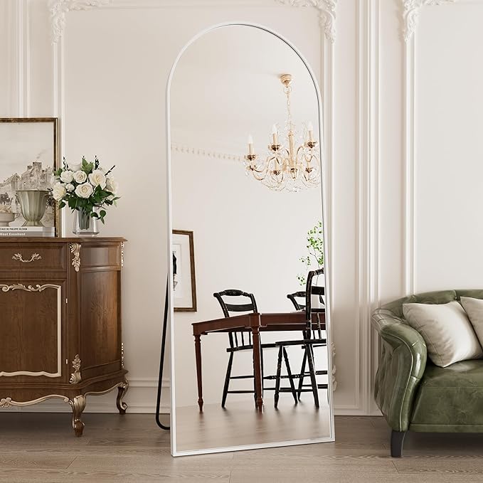 Full Length Mirror, 64"x21" Arched-Top Floor Mirror, Modern Full Body Mirrors with Stand, Wall Mirrors with Aluminum Alloy Frame for Bedroom,Living Room, White