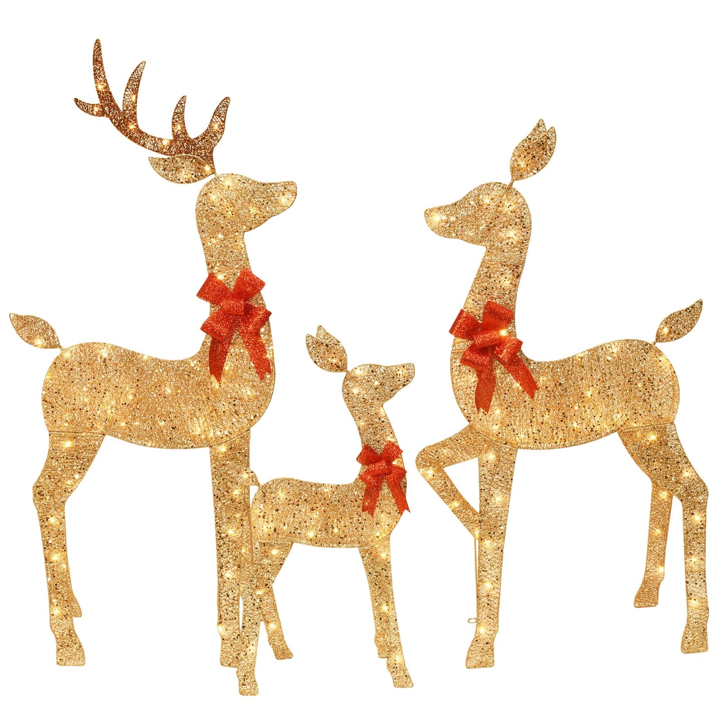 HOYECHI 5 FT Oversized Christmas Decorations Outdoor Lighted Reindeer – 3-Piece 2D Deer Family Set with 160 Warm White LED Lights for Yard, Lawn, Garden & Porch Holiday Display - Gold