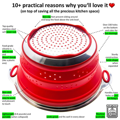 Collapsible Colander and Funnel - Stainless Steel Meets Red Silicone. RV Accessories for Inside, Camper Organization and Storage Idea, Motorhome, Camp or Travel Trailer, 5th Wheel, Boat, Small Kitchen