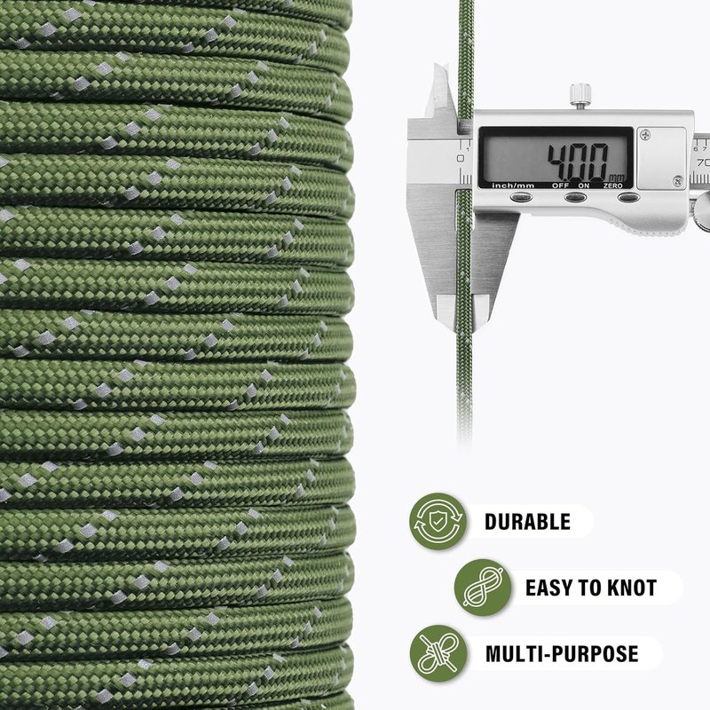 Reflective Paracord Rope - 750 lb Heavy Duty 50ft 12-Strand Parachute Cord | Army Green for Camping & Survival Gear
