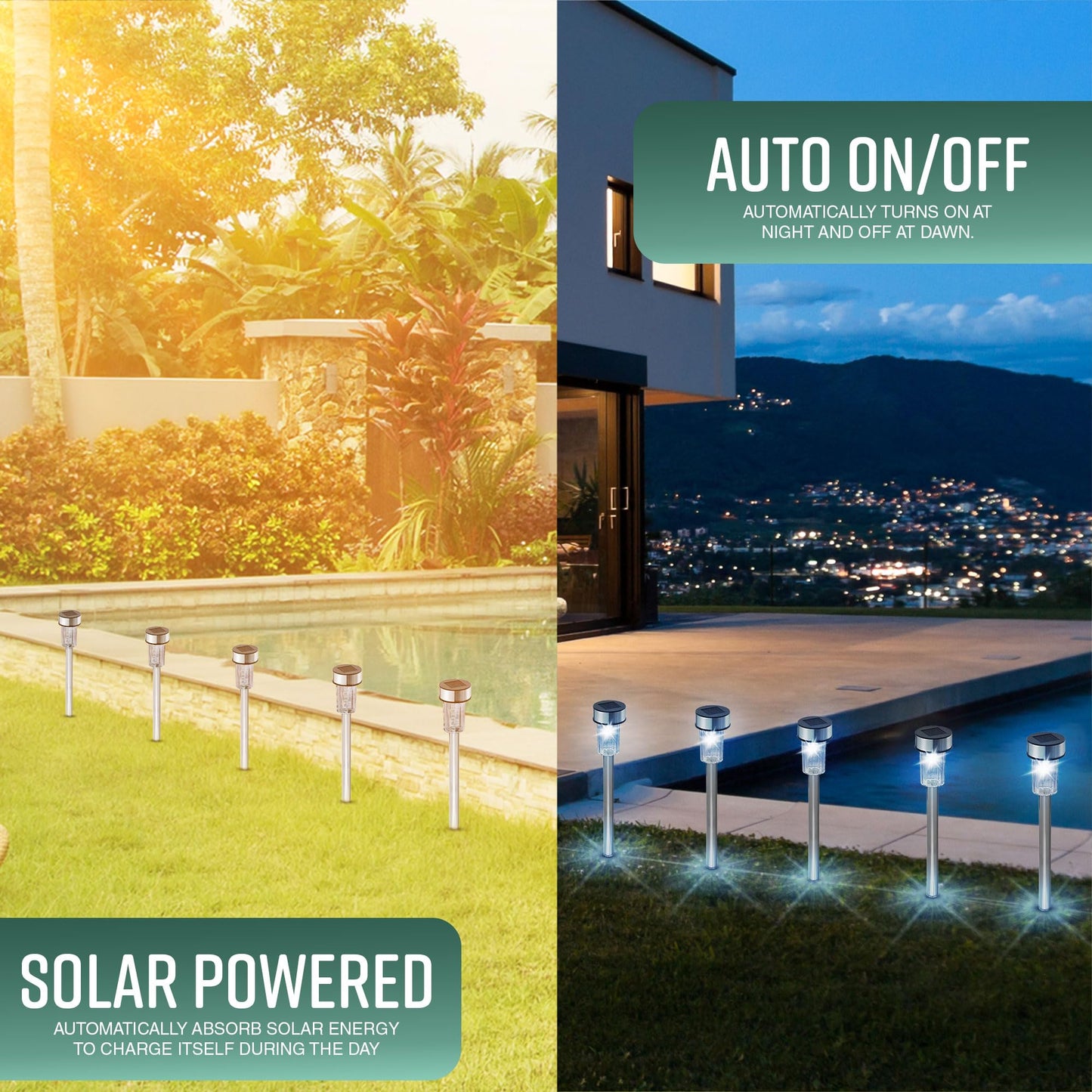GloBrite Pack of 10 Solar Lights Outdoor Garden – Waterproof Stainless Steel LED Solar Garden Lights with Stake for Pathway, Driveway, Patio, Walkway, Lawn, Yard & Landscape Decoration