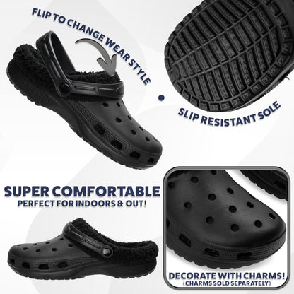 CityComfort Men's Teens Clogs Winter Classic Fleece Lined House Shoes - Warm Garden Shoes Slip On with Strap (Black, 9 UK)