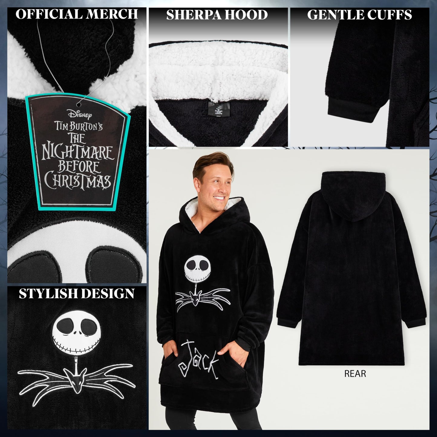 Disney Fleece Hoodie for Adults and Teenagers Oversized Hooded Poncho One Size - Stitch Gifts (Black Jack Skellington)