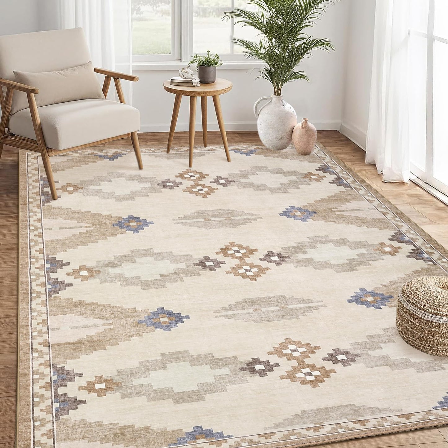 Mid Century Beige Rug 5x7 Washable Large Living Room Area Rugs Non Slip Stain Resistant Boho Tribe Bedroom Throw Carpet Soft Geometric Modern Rugs for Dining Room Dorm Nursery Home Office, Beige
