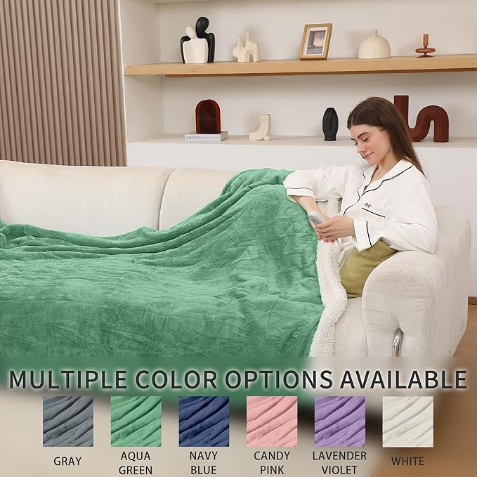 Electric Blanket Throw, Fast Heating Blanket with Overheat Protection, Heated Sherpa Blanket with 5 Heating Levels & 4 Hours Auto Off for Couch Office Use, Ideal Gift, 50"x60", Aqua Green