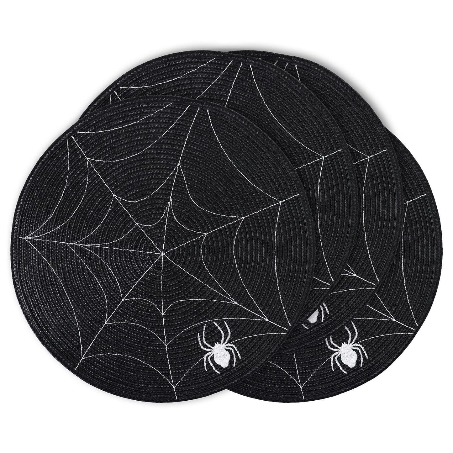 Feuille Round Halloween Placemats Set of 4 13.5 Inch Spider Web Placemats for Round Tables Black and White Spider Placemats Perfect for Halloween Decorations Indoor