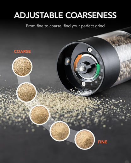 FORLIM Electric Salt and Pepper Grinder Set, USB Rechargeable, Automatic Salt Pepper Mill Grinder with Dust Cover, One-Button Control, Adjustable Coarseness, White LED Light (2 Packs, Black&White)