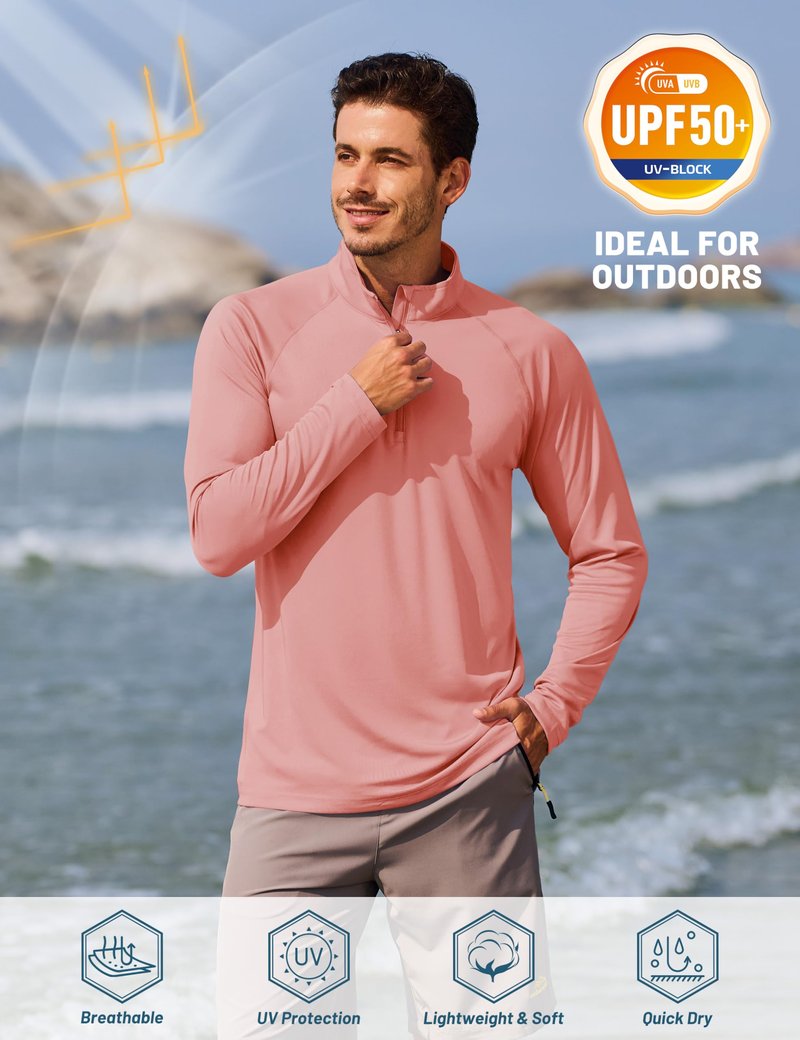 TACVASEN Mens UV Sun Protection Shirts Running Gym Athletic Long Sleeve Shirts for Swim Rash Guard Workout Dry Fit T-Shirts Grey Pink S