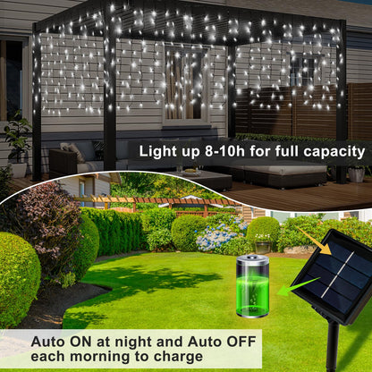 DBFAIRY Solar Curtain Lights,19.6ft x 3.3ft 300 LED Outdoor Christmas Solar Curtain Lights Waterproof Green Wire with 8 Mode for Garden Handrail Railing Eaves Wall Decoration -Cool White