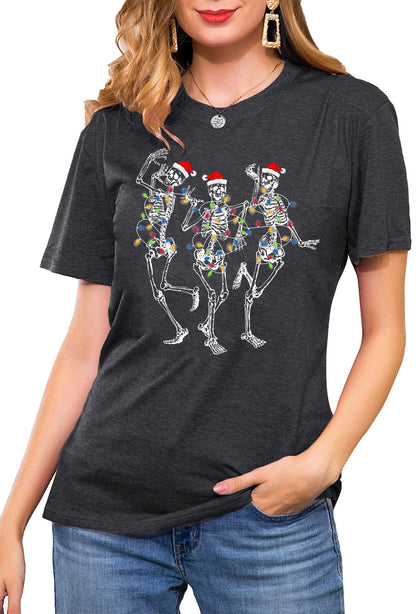 Dancing Skeleton Shirt for Women Christmas T-Shirt Xmas Graphic Tees Holiday Tops Blouse Gift Gray