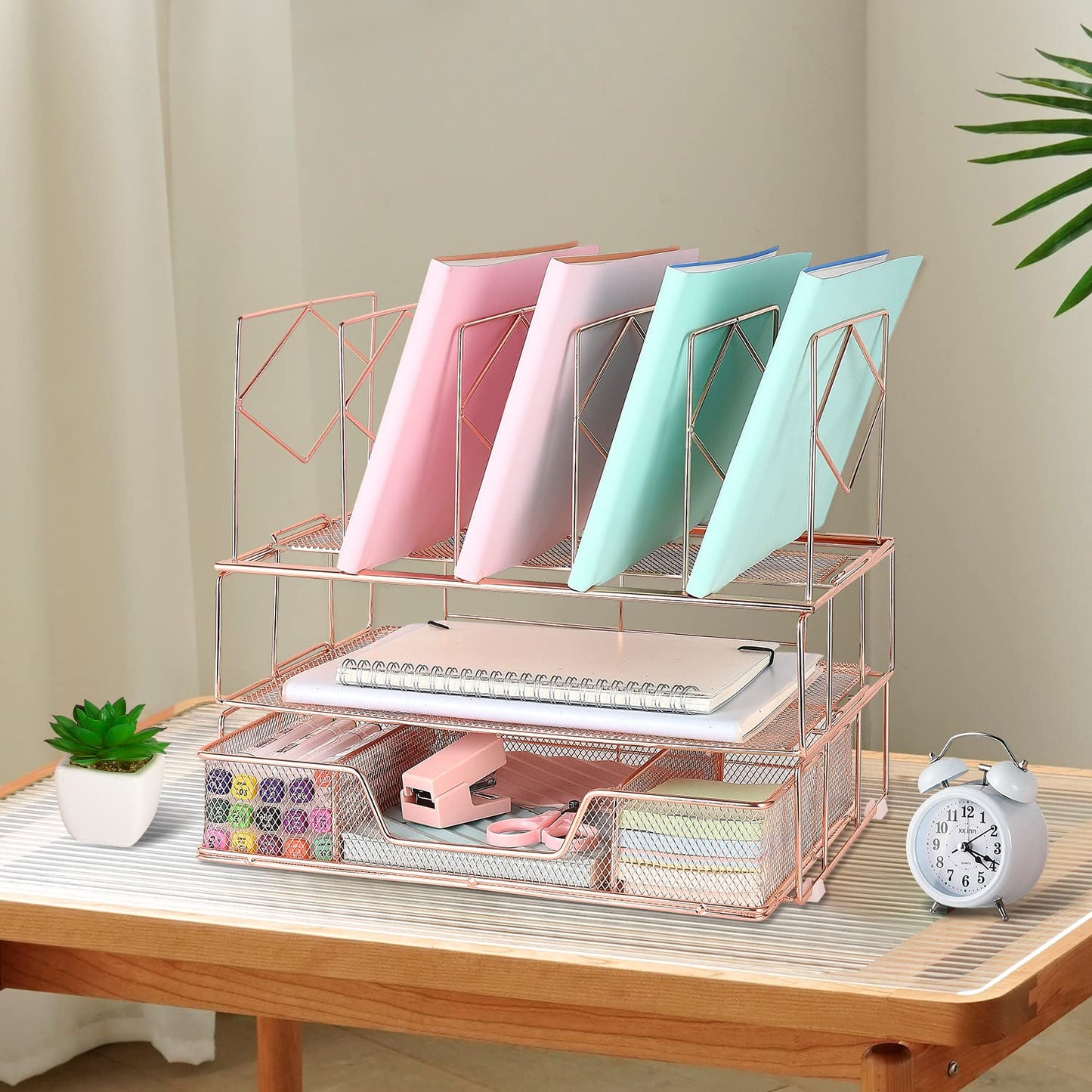 gianotter Desk Organizers and Accessories, Office Supplies Desk Organizer with Sliding Drawer, Double Tray and 5 Upright Section File Sorter Organizer (Rose Gold)