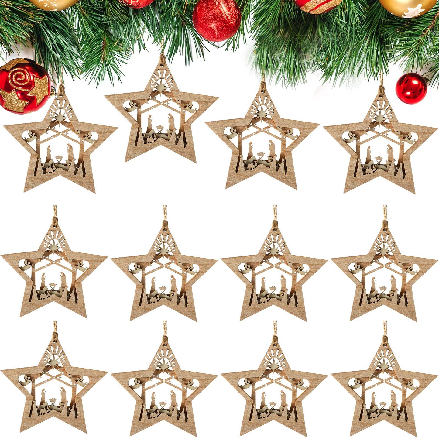 Blulu 12 Pieces Christmas Nativity Scene Ornaments Set Bulk 3D Christian Wooden Hanging Ornament Xmas Tree Nativity Ornaments The Birth of Jesus Story Decor Religious Gift for Family (Star Shaped)