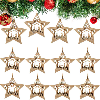 Blulu 12 Pieces Christmas Nativity Scene Ornaments Set Bulk 3D Christian Wooden Hanging Ornament Xmas Tree Nativity Ornaments The Birth of Jesus Story Decor Religious Gift for Family (Star Shaped)