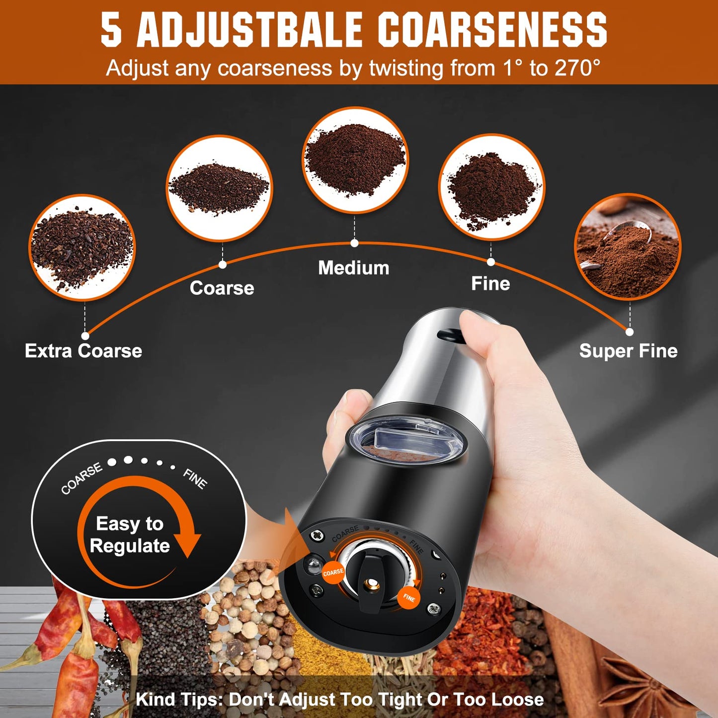 Electric Salt and Pepper Grinder Set with Base, USB Rechargeable Stainless Steel Pepper Mill, One-Handed Automatic Operation, Adjustable Coarseness, Led Light