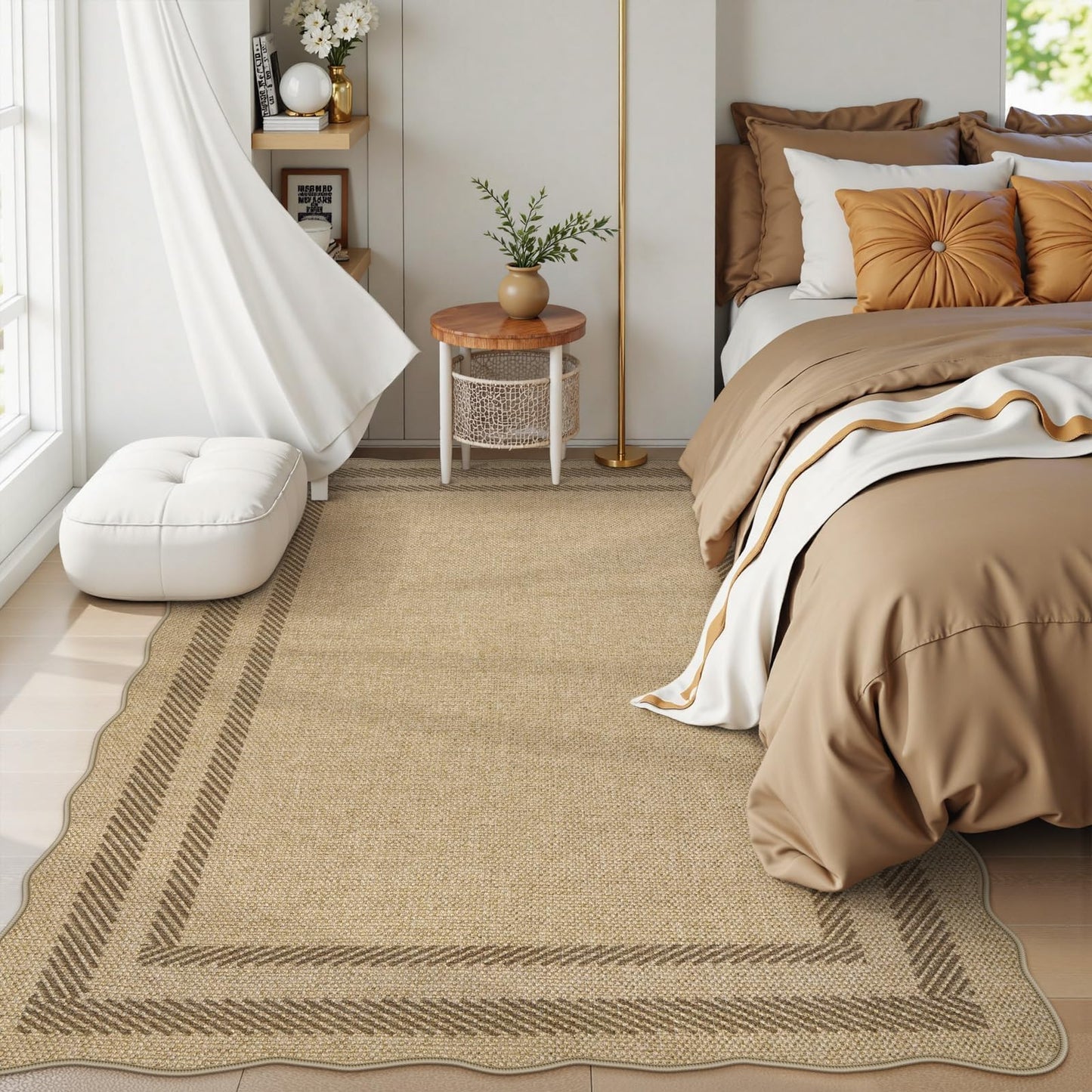 LIVEBOX Scalloped Washable 5x7 Rug, Easy Jute Tan Rugs for Living Room, Indoor Geometric Rug for Bedroom, Outdoor Farmhouse Non-Slip Rug Dining Room Mat Modern Carpet Area Rug for Patio Home Office