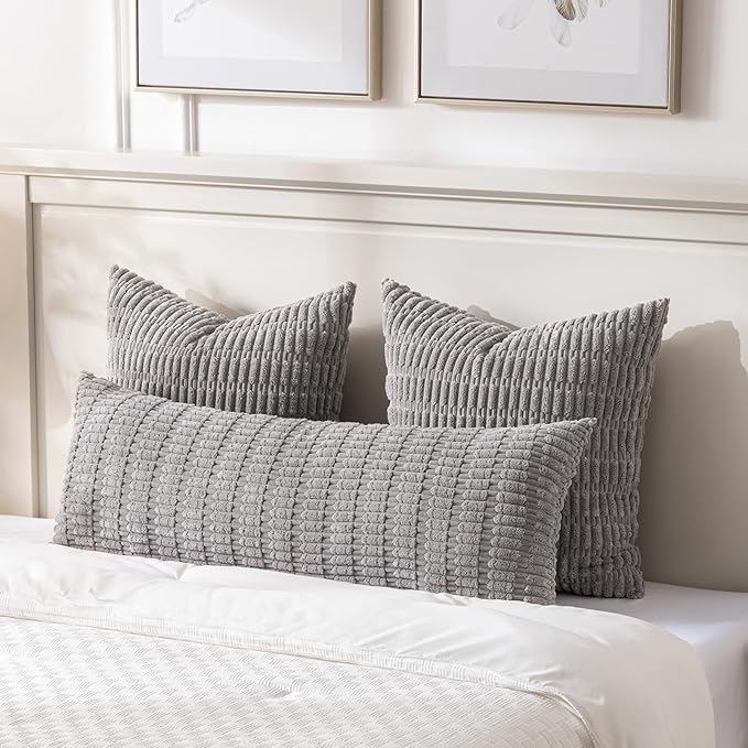 Fancy Homi Gray Long Lumbar Farmhouse Decorative Throw Pillow Covers 20x54 Inch for Bed Couch Bed Sofa, Rustic Boho Room Decor, Soft Striped Corduroy Rectangle Cushion Case 50x137 cm