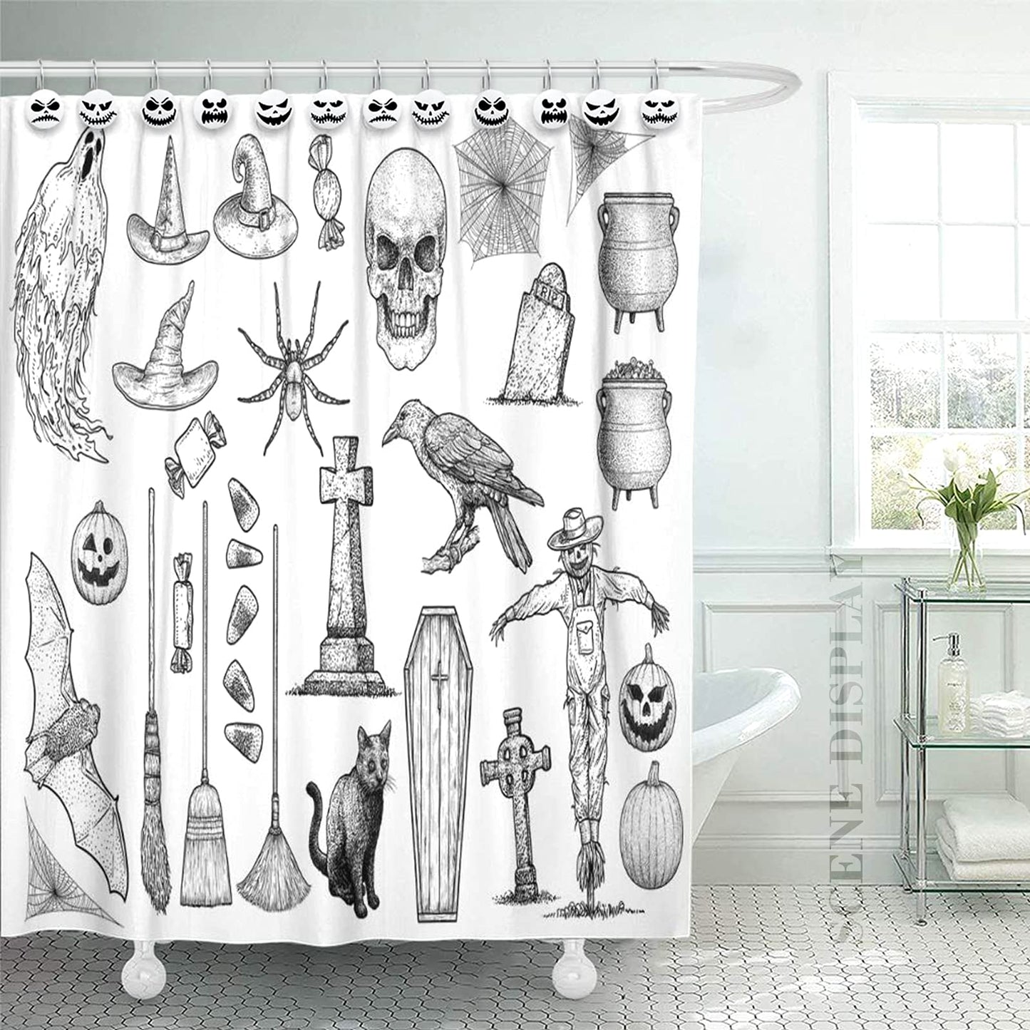 Jetec 12 Pcs Skull Shower Curtain Hooks Halloween Shower Rings Decorative Skeleton Curtain Hook Rings Stainless Steel Bathroom Hooks with Skull Decor for Home Halloween(Cool Style)