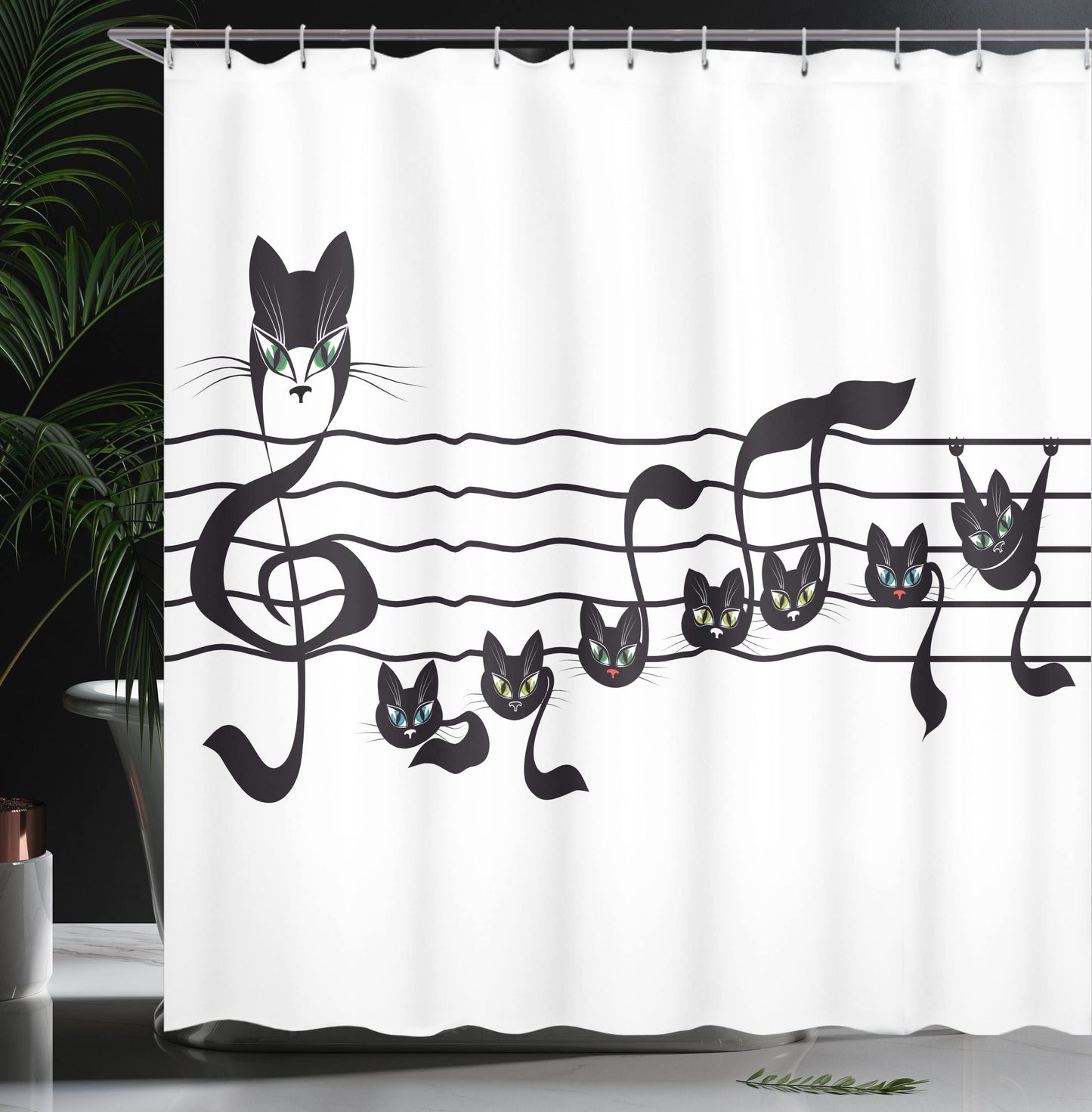 Ambesonne Music Shower Curtain, Notes of Kittens Kitty Cat Art Notation of Tune in Halloween Theme Monochrome Style of Artwork, Cloth Fabric Bathroom Set with Hooks, 69" W x 75" L, Cream and Black