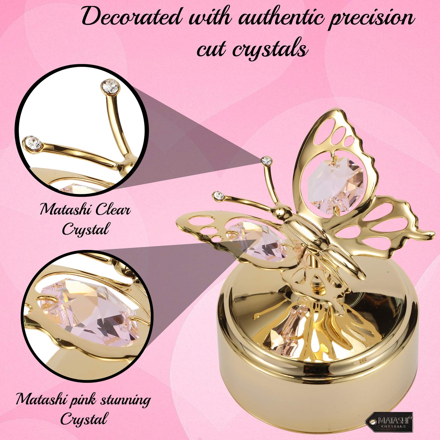 Matashi Christmas Music Box – 24K Gold Plated Butterfly Figurine with Crystals, Plays “Memory” – Elegant Tabletop Showpiece for Christmas, Valentine’s Day, Mother’s Day