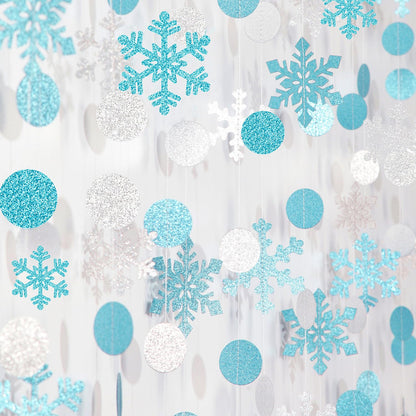 Snowflake-Snow Teal-Silver Christmas Party-Decoration Garland - 52Ft Turquoise White Winter Wonderland Frozen Hanging Paper Streamers,Birthday New Year Baby Shower Classroom Decor Lasting Surprise