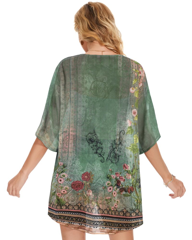 Women's Floral Print Puff Sleeve Kimono Cardigan Loose Cover Up Casual Blouse Tops(Army Green Floral,3XL)