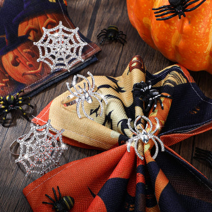 12 Pieces Spider Napkin Rings Halloween Napkin Ring Spider Web Napkins Rings Set Metal Spooky Napkins Holder Serviette Buckle Party Supplies for Halloween Dinning Costume(Silver,with Rhinestone)