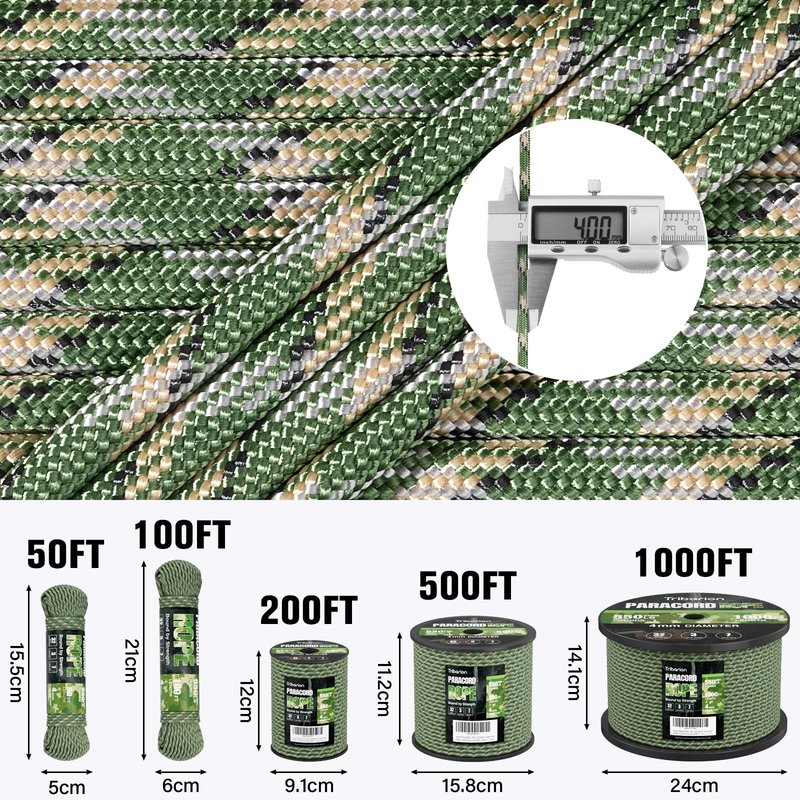 Paracord Rope 550 lb - 100ft 5/32" Parachute Cord 4MM 7-Strand para Cord - Heavy Duty Spool String for Survival,Camping Gear, Survival Bracelet, Clothesline - Camo Green