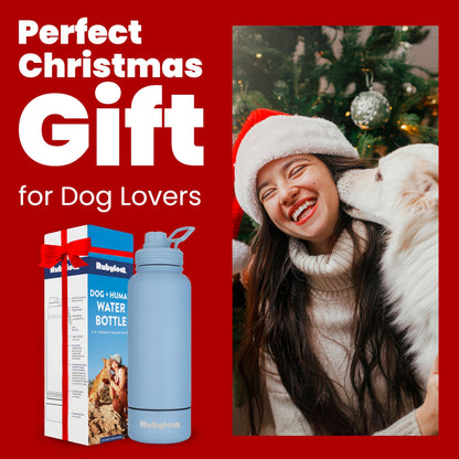 Dog Water Bottle for Dog Lovers - 32 oz Stainless Steel Double Wall Insulated Water Bottle with 8 oz Detachable Bowl on Bottom for Doggy Lovers for Christmas - Dusty Blue