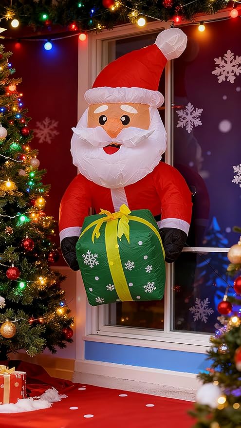 3.5FT Window Inflatble Decor- Christmas Santa Claus with Green Gift Box - LED Lighted Blow-Up Outdoor Yard Decoration for Lawn, Garden, Window Xmas Decor