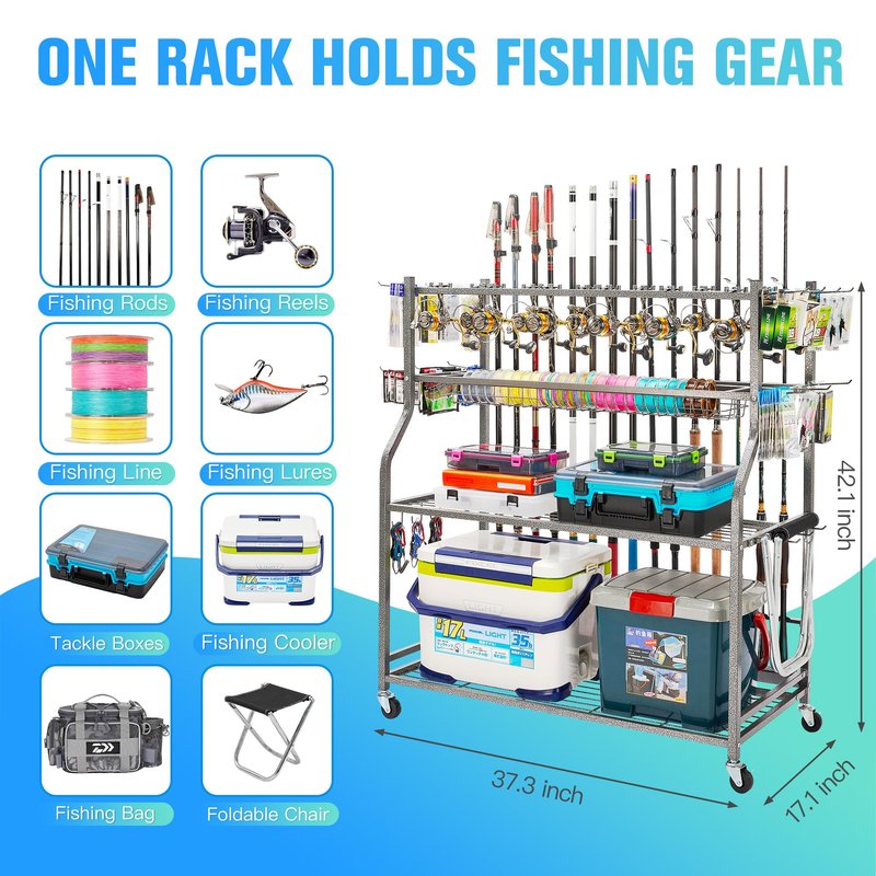 PeBro Fishing Pole Holders, Fishing Rod Holders for Garage, Fishing Rod Holder for Fishing Rod Tackle Box Reel Storage, All-In-One Fishing Rod Rack with Hooks and Wheels