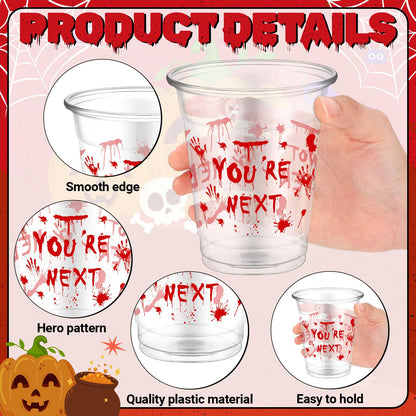 FoldTier 50 Pcs Plastic Halloween Bloody Cups - 12 oz Clear Disposable Drinking Cups for Home Halloween Theme Party Supplies Decoration (Blood Print)