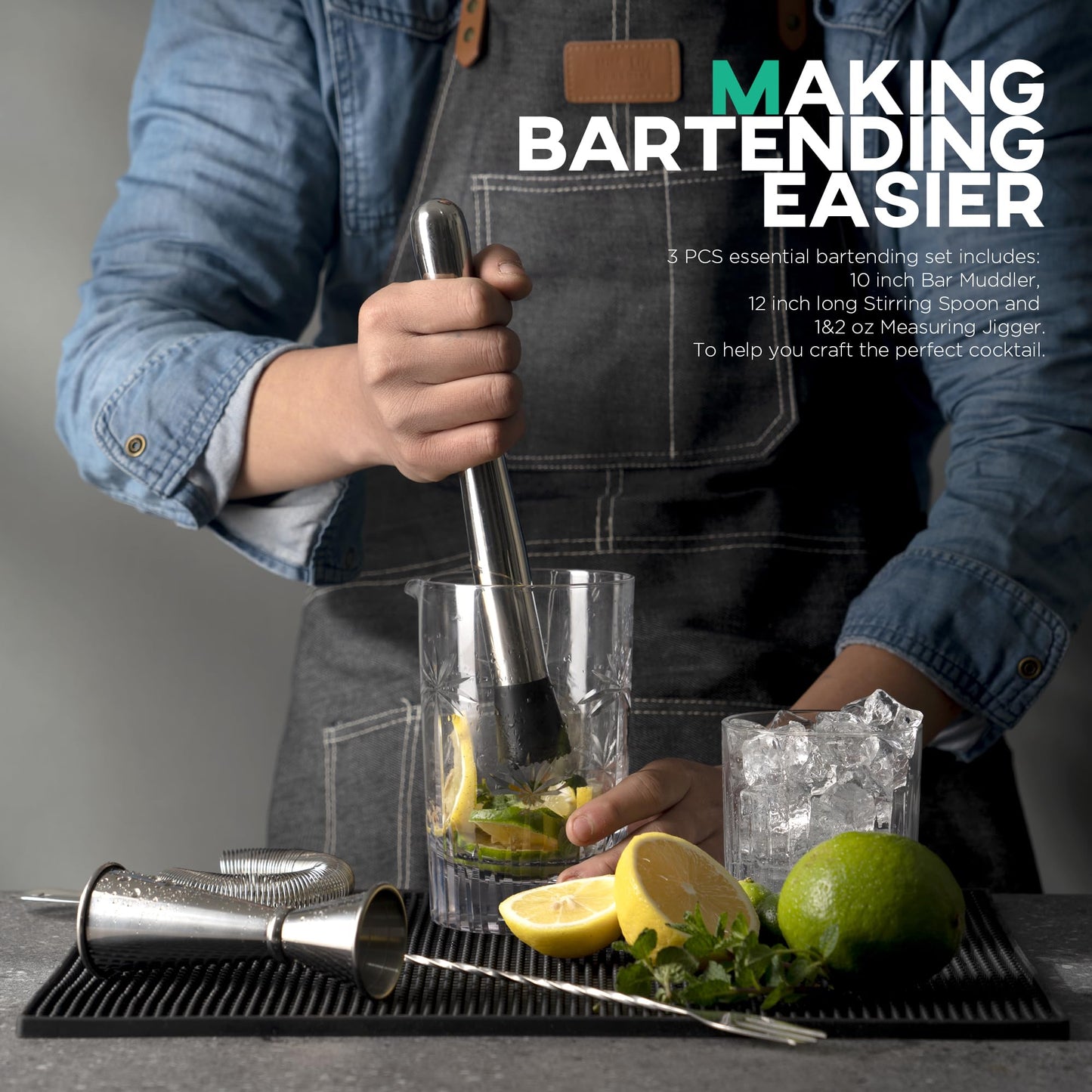 Homestia 3-Pcs Silver Muddler & Mixing Tool Set, 10'' Muddler, 12'' Cocktail Spoon & 1 OZ/2 OZ Double Jigger, Bar Tool Set for Beverages Drinks, Stainless Steel Bar Set Housewarming Gift