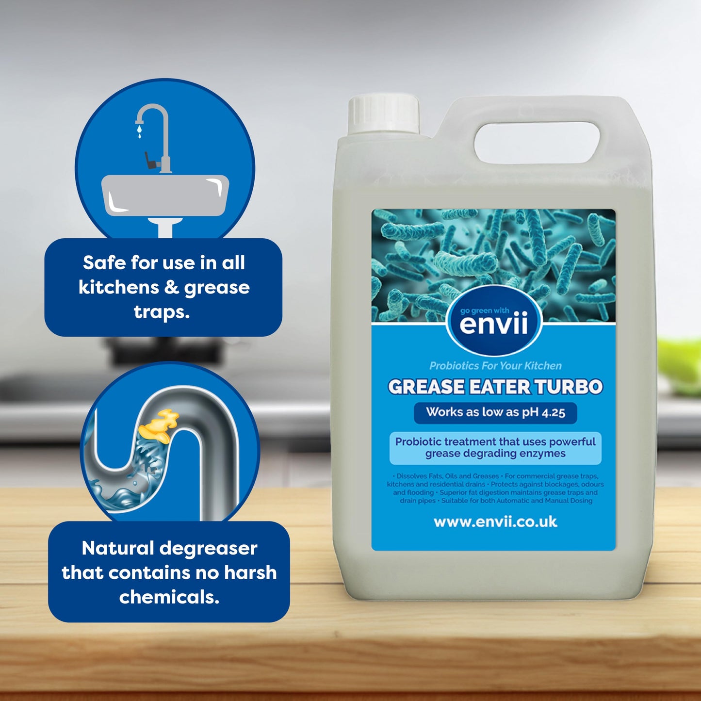 envii Grease Eater Turbo – Natural Enzyme Grease Trap Cleaner & Maintainer Treatment, Suitable for Use in All Kitchens Breaks Down Grease & Fats - 5L