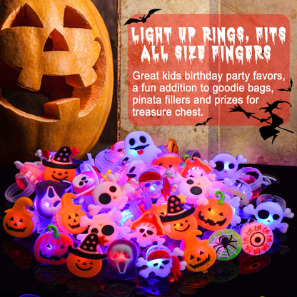 50 Pcs Halloween LED Glow Ring, Light Up Toys Glow in the Dark Birthday Halloween Party Favors Decorations Supplies for Adults Flash Finger Rubber Rings 8 Shape Ghost Pumpkin Skeleton Spider Bat