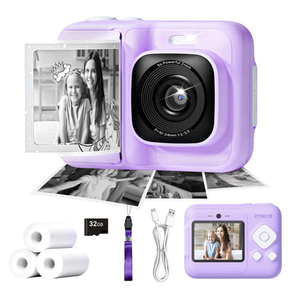 ETIKEZ Kids Camera, 1080P Instant Digital Print Camera for Kids, Christmas Birthday Gifts for 4 5 6 7 8 9 10 Year Old Girls Boys, Portable Toy with 32GB SD Card & 3 Rolls Printing Paper, Purple