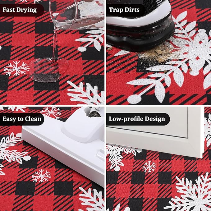CAROMIO Christmas Doormat Holiday Xmas Buffalo Plaid Door Mat Winter Christmas Snowflakes Checkered Welcome Mat Outdoor Indoor Non Slip Decorative Entrance Floor Mat for Front Porch, 17x29 Inch