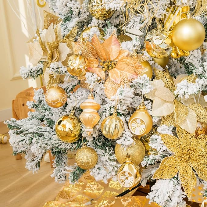 SY CRAFT 86 Pieces of Assorted Shatterproof Christmas Ball Snowflake Ornaments Seasonal Decorative Hanging Ornament Set with Hand-held Gift Package for Xmas Tree Decorations (86PCS, Gold)